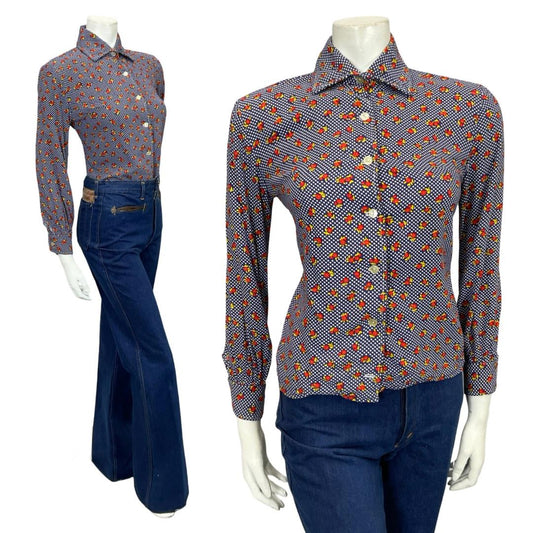 VTG 60S 70S BLUE WHITE RED YELLOW MOD KITSCH YELLOW POLKA DOT FLORAL SHIRT 10