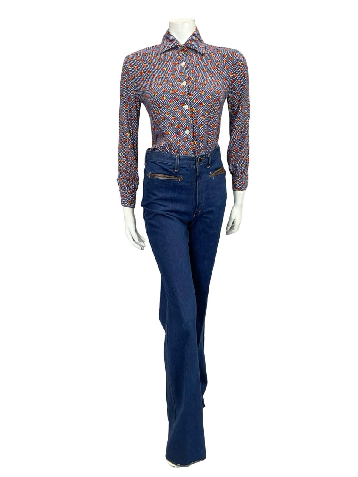 VTG 60S 70S BLUE WHITE RED YELLOW MOD KITSCH YELLOW POLKA DOT FLORAL SHIRT 10