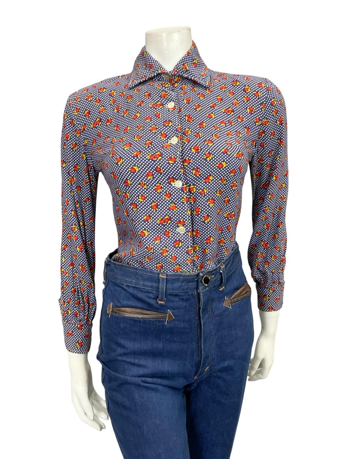 VTG 60S 70S BLUE WHITE RED YELLOW MOD KITSCH YELLOW POLKA DOT FLORAL SHIRT 10