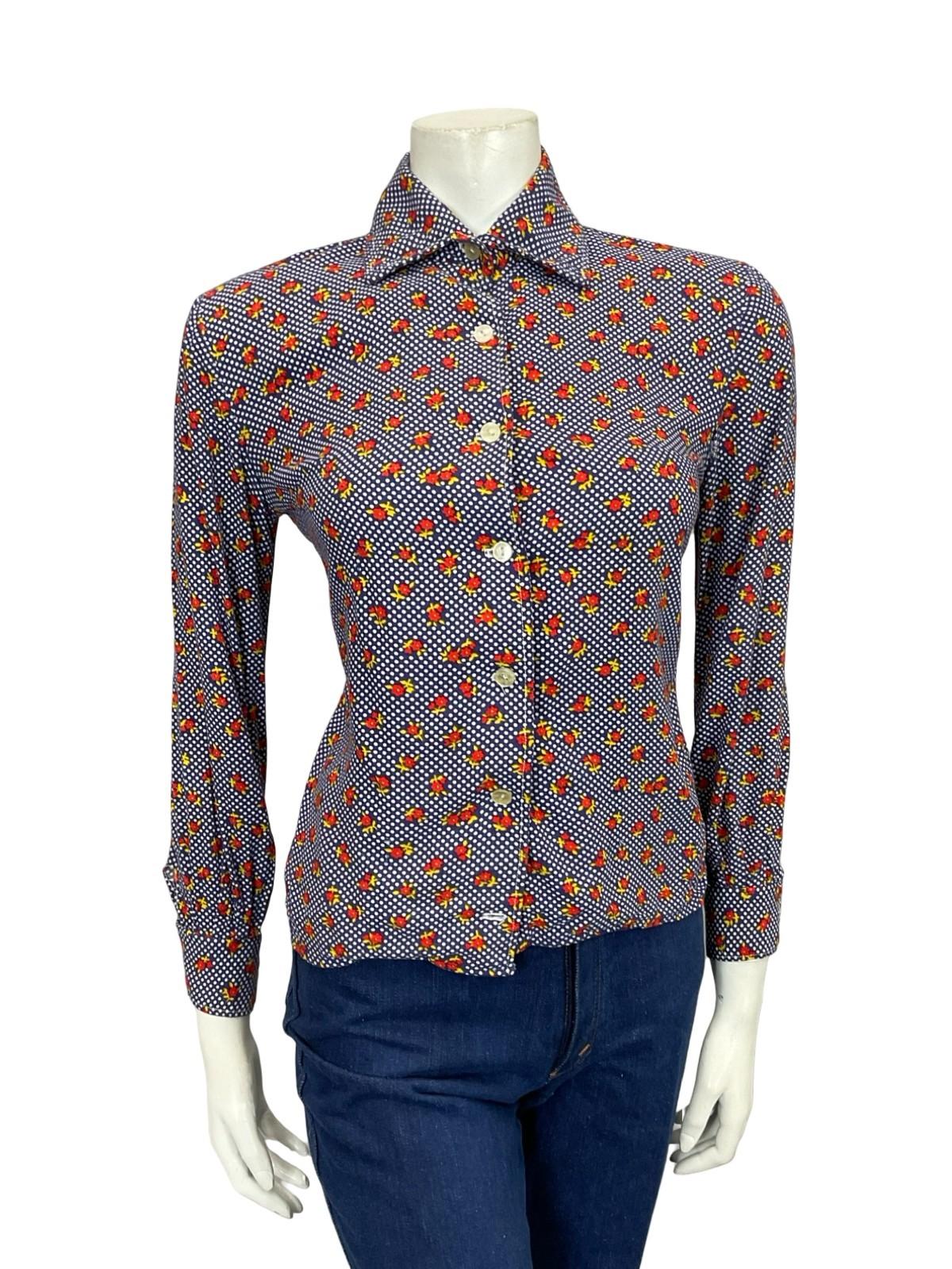 VTG 60S 70S BLUE WHITE RED YELLOW MOD KITSCH YELLOW POLKA DOT FLORAL SHIRT 10
