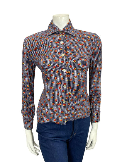 VTG 60S 70S BLUE WHITE RED YELLOW MOD KITSCH YELLOW POLKA DOT FLORAL SHIRT 10