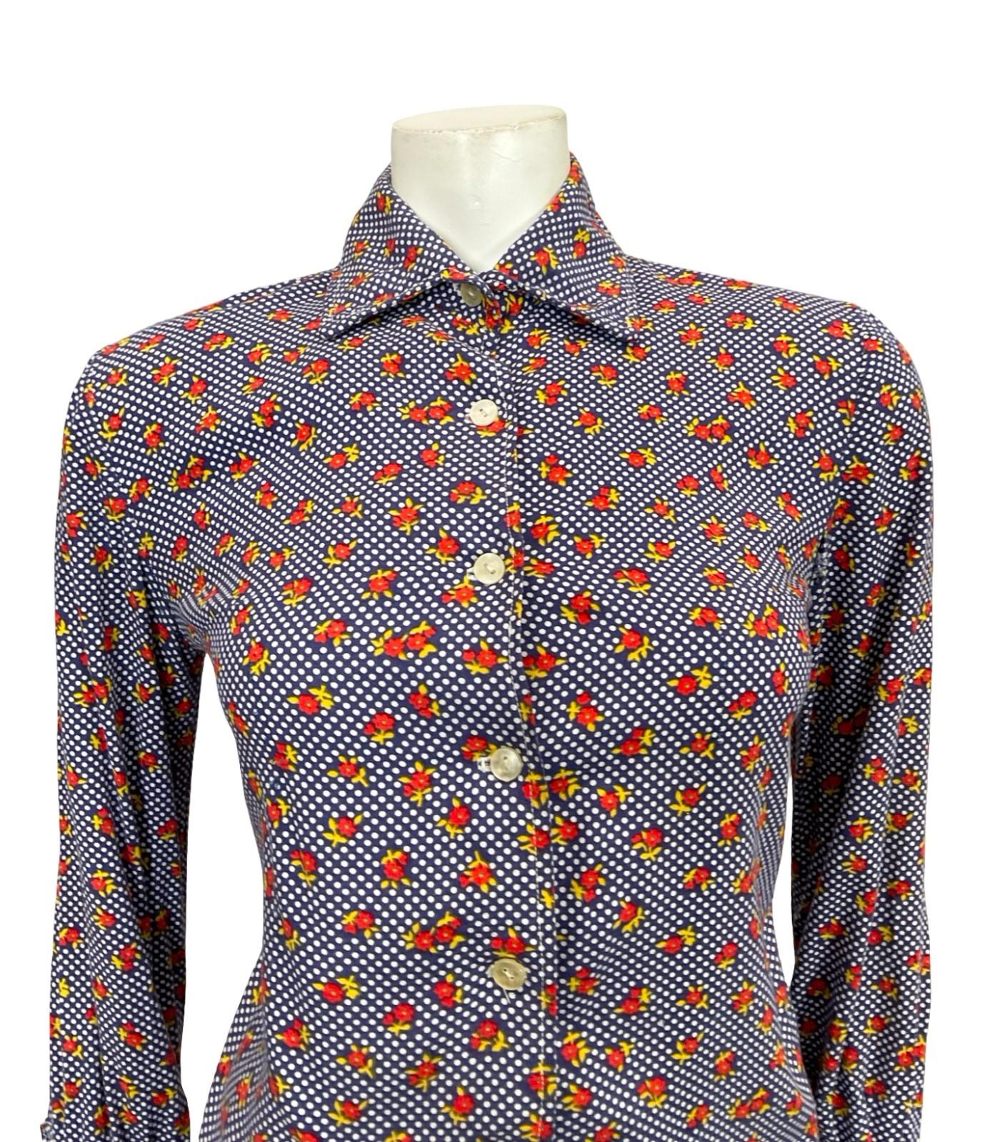 VTG 60S 70S BLUE WHITE RED YELLOW MOD KITSCH YELLOW POLKA DOT FLORAL SHIRT 10