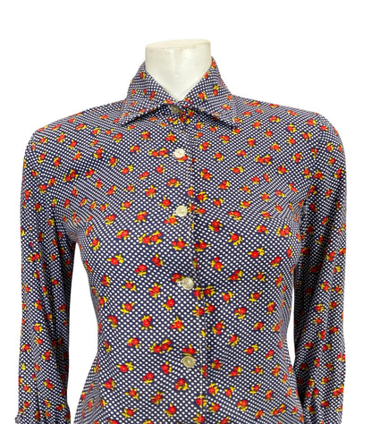 VTG 60S 70S BLUE WHITE RED YELLOW MOD KITSCH YELLOW POLKA DOT FLORAL SHIRT 10