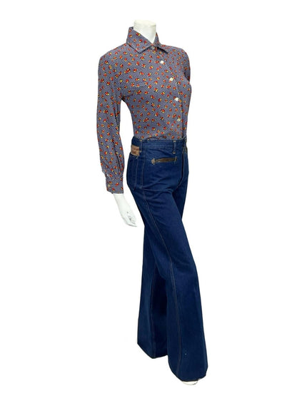 VTG 60S 70S BLUE WHITE RED YELLOW MOD KITSCH YELLOW POLKA DOT FLORAL SHIRT 10
