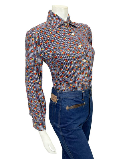 VTG 60S 70S BLUE WHITE RED YELLOW MOD KITSCH YELLOW POLKA DOT FLORAL SHIRT 10