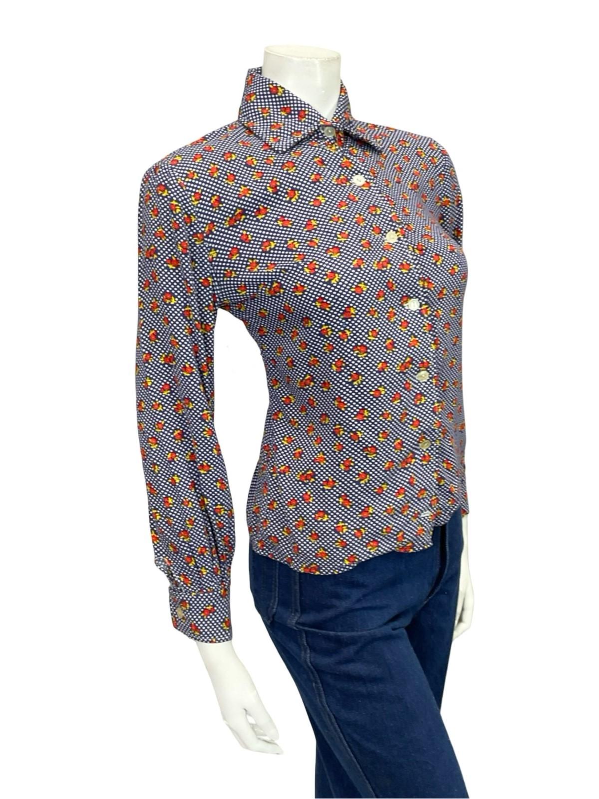 VTG 60S 70S BLUE WHITE RED YELLOW MOD KITSCH YELLOW POLKA DOT FLORAL SHIRT 10