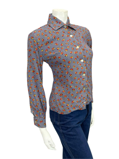 VTG 60S 70S BLUE WHITE RED YELLOW MOD KITSCH YELLOW POLKA DOT FLORAL SHIRT 10
