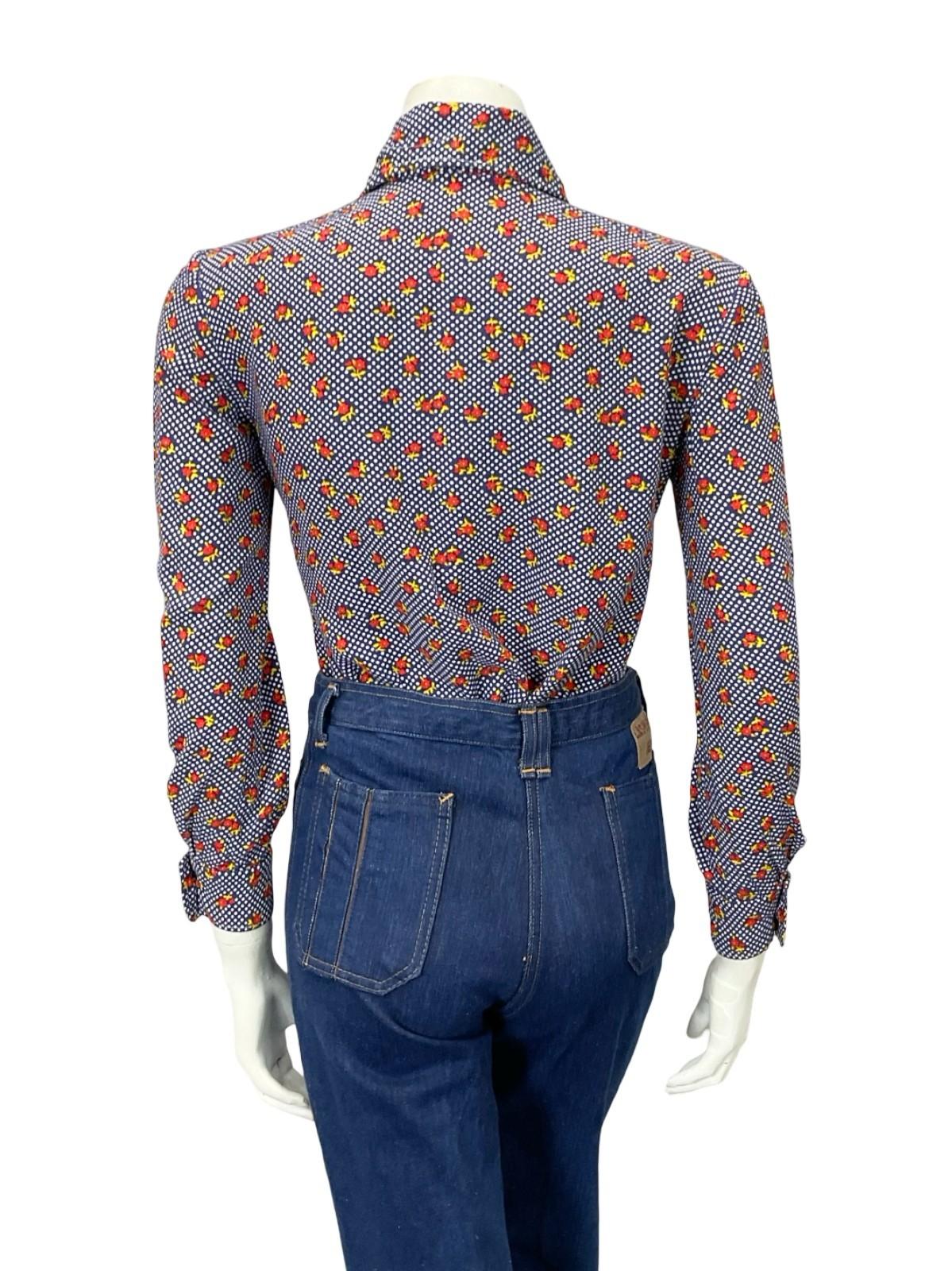 VTG 60S 70S BLUE WHITE RED YELLOW MOD KITSCH YELLOW POLKA DOT FLORAL SHIRT 10