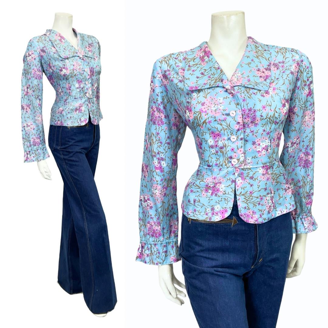 VTG 60S 70S LIGHT BLUE PINK PURPLE WHITE FLORAL CROPPED PEPLUM SHIRT 16