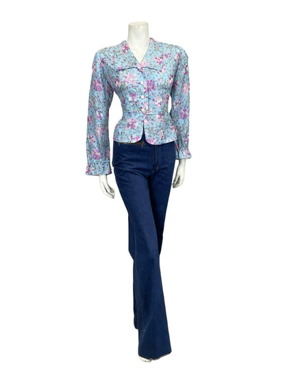 VTG 60S 70S LIGHT BLUE PINK PURPLE WHITE FLORAL CROPPED PEPLUM SHIRT 16