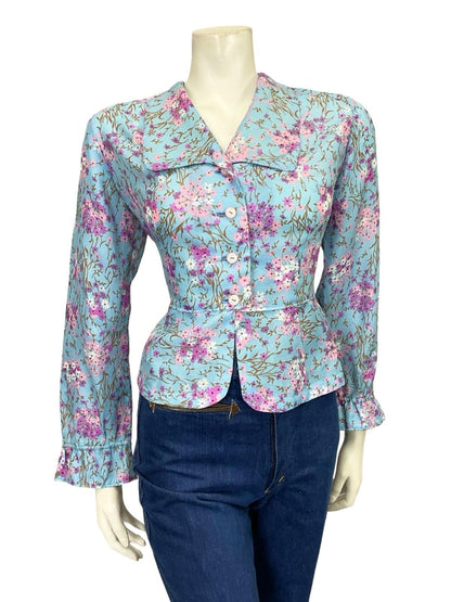 VTG 60S 70S LIGHT BLUE PINK PURPLE WHITE FLORAL CROPPED PEPLUM SHIRT 16