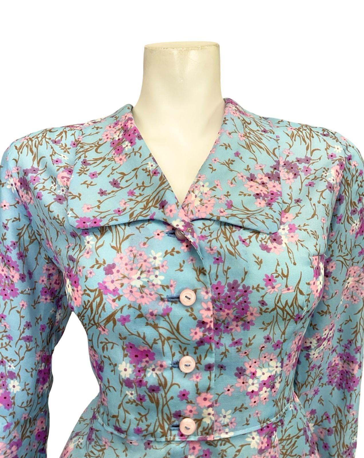 VTG 60S 70S LIGHT BLUE PINK PURPLE WHITE FLORAL CROPPED PEPLUM SHIRT 16