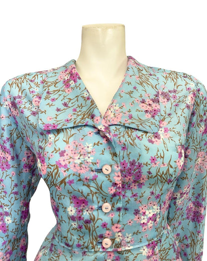 VTG 60S 70S LIGHT BLUE PINK PURPLE WHITE FLORAL CROPPED PEPLUM SHIRT 16