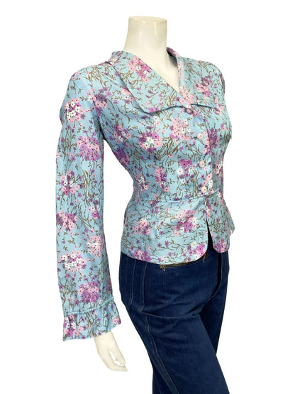 VTG 60S 70S LIGHT BLUE PINK PURPLE WHITE FLORAL CROPPED PEPLUM SHIRT 16