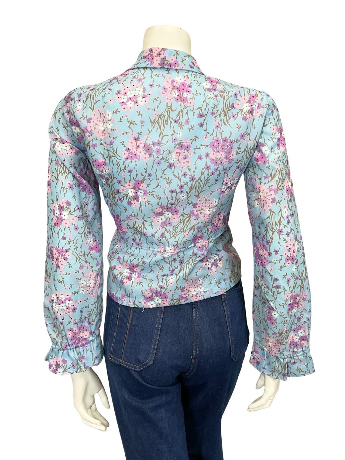 VTG 60S 70S LIGHT BLUE PINK PURPLE WHITE FLORAL CROPPED PEPLUM SHIRT 16