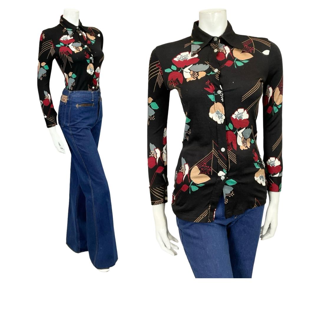 *VTG 60S 70S BLACK RED GREEN WHITE BEIGE MOD FLORAL DAGGER COLLAR SHIRT XS 6