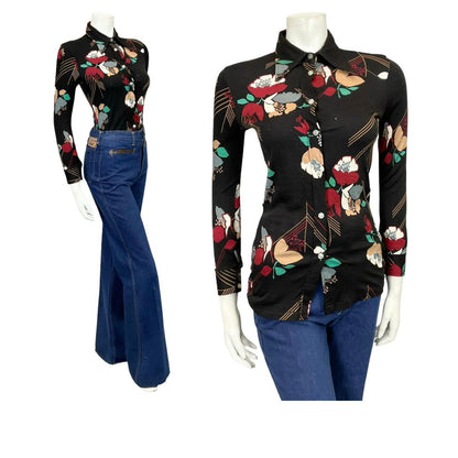*VTG 60S 70S BLACK RED GREEN WHITE BEIGE MOD FLORAL DAGGER COLLAR SHIRT XS 6