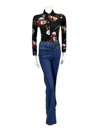 *VTG 60S 70S BLACK RED GREEN WHITE BEIGE MOD FLORAL DAGGER COLLAR SHIRT XS 6