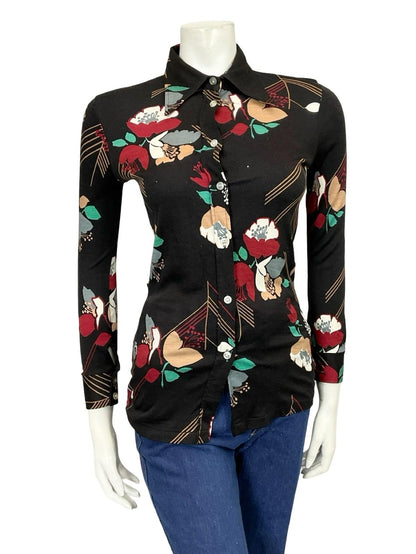 *VTG 60S 70S BLACK RED GREEN WHITE BEIGE MOD FLORAL DAGGER COLLAR SHIRT XS 6