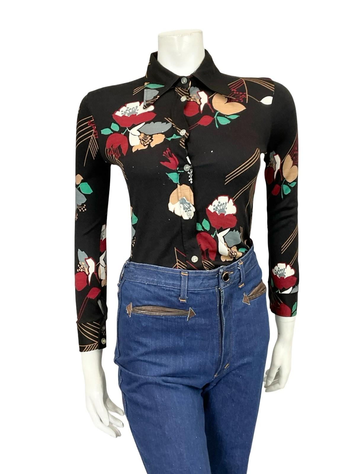 *VTG 60S 70S BLACK RED GREEN WHITE BEIGE MOD FLORAL DAGGER COLLAR SHIRT XS 6