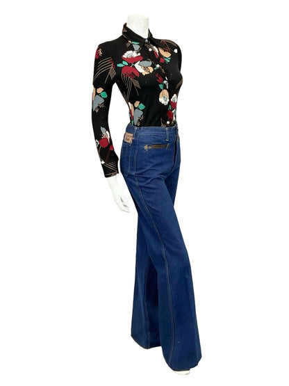 *VTG 60S 70S BLACK RED GREEN WHITE BEIGE MOD FLORAL DAGGER COLLAR SHIRT XS 6