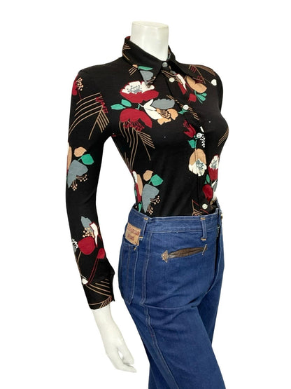 *VTG 60S 70S BLACK RED GREEN WHITE BEIGE MOD FLORAL DAGGER COLLAR SHIRT XS 6