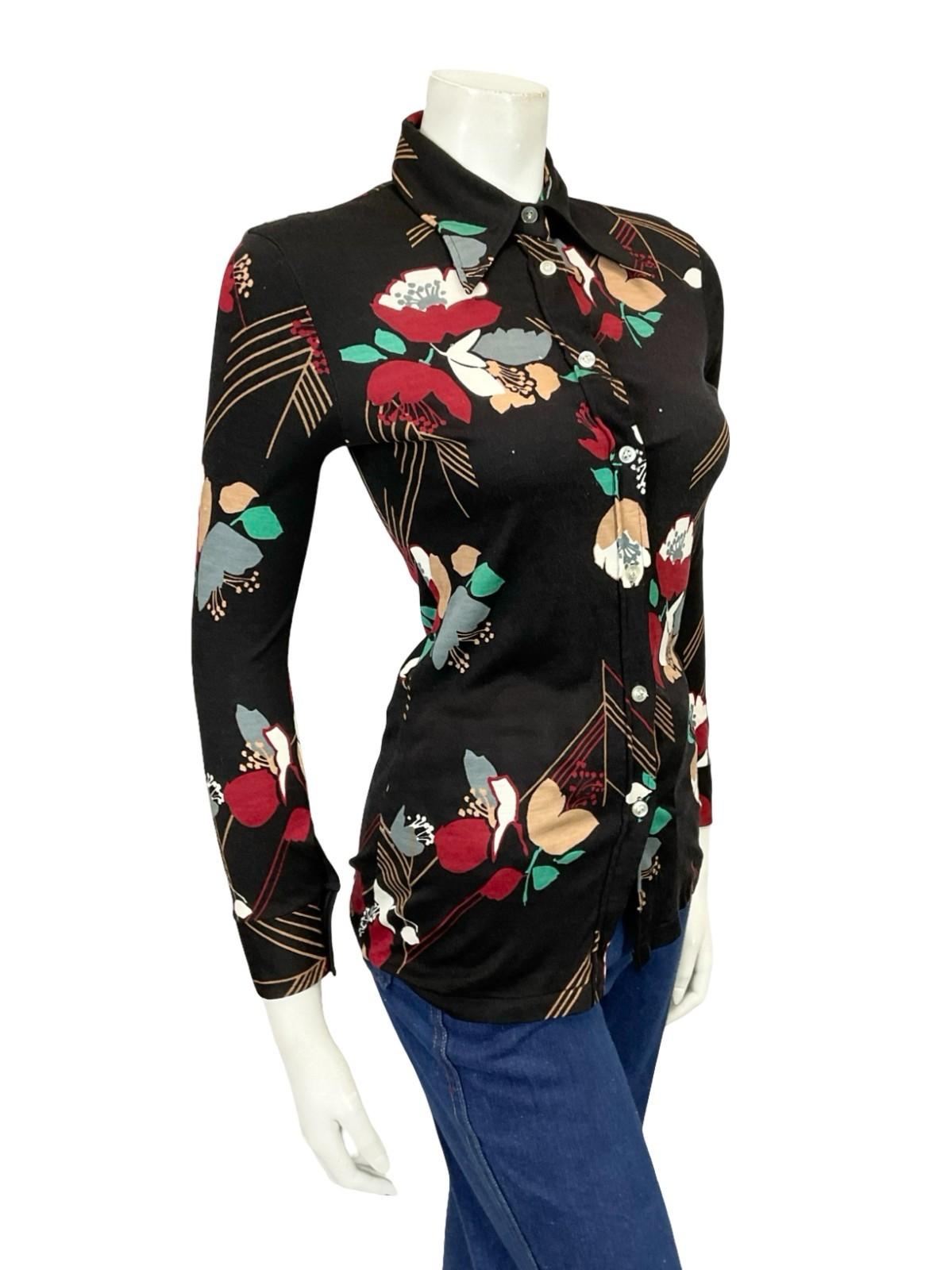 *VTG 60S 70S BLACK RED GREEN WHITE BEIGE MOD FLORAL DAGGER COLLAR SHIRT XS 6