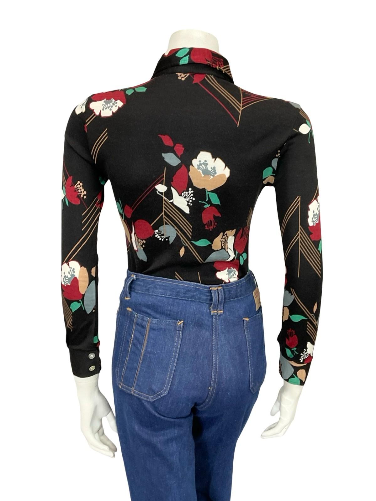 *VTG 60S 70S BLACK RED GREEN WHITE BEIGE MOD FLORAL DAGGER COLLAR SHIRT XS 6