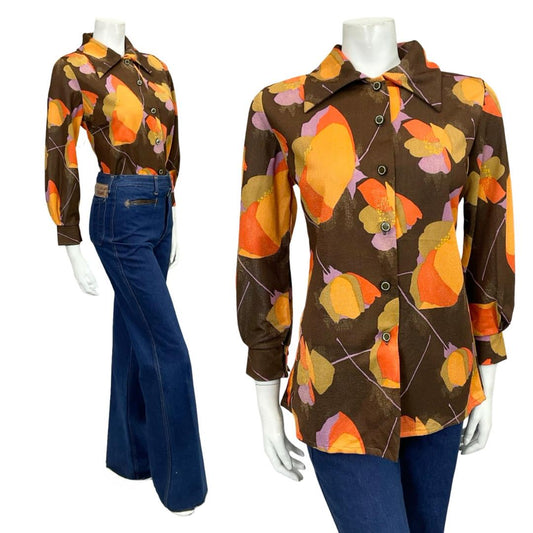 VTG 60S 70S MOD BROWN ORANGE LILAC POPPY FLORAL DAGGER COLLAR SHIRT 12