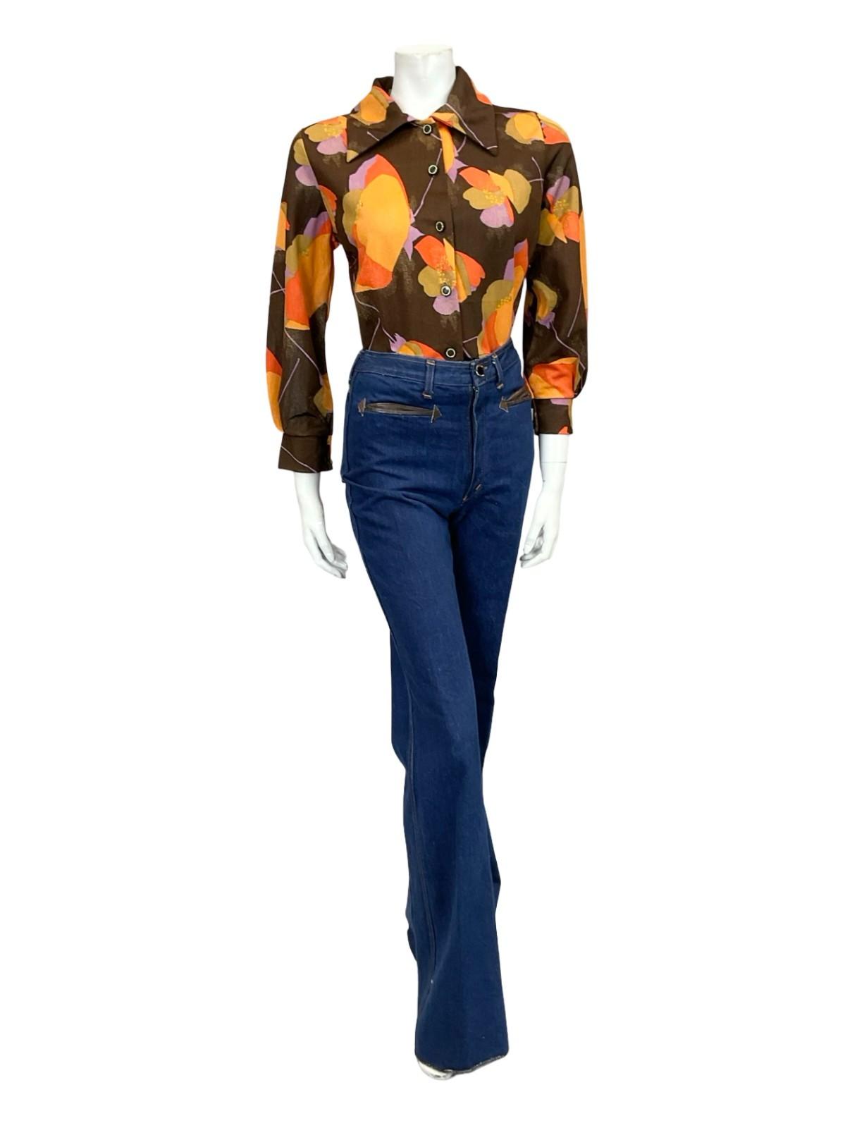 VTG 60S 70S MOD BROWN ORANGE LILAC POPPY FLORAL DAGGER COLLAR SHIRT 12