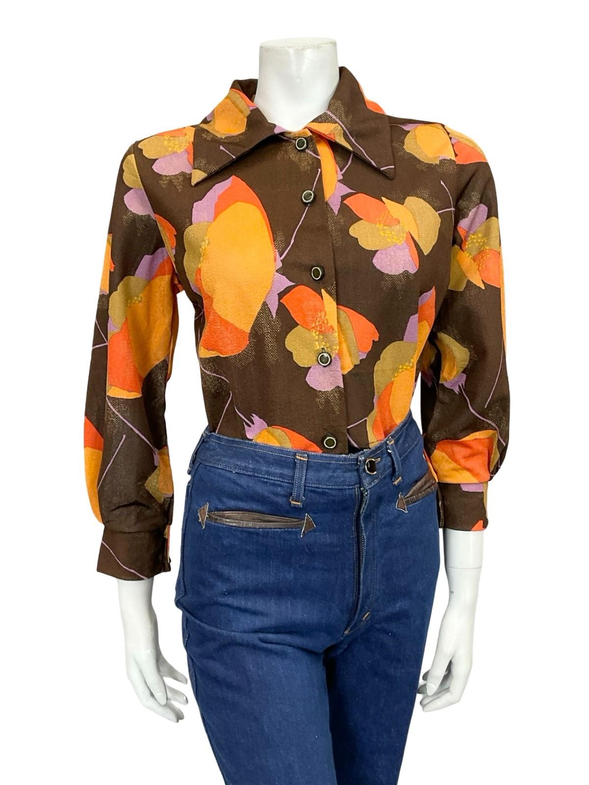 VTG 60S 70S MOD BROWN ORANGE LILAC POPPY FLORAL DAGGER COLLAR SHIRT 12