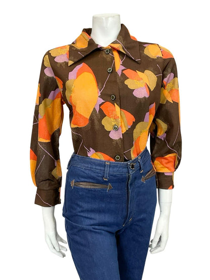 VTG 60S 70S MOD BROWN ORANGE LILAC POPPY FLORAL DAGGER COLLAR SHIRT 12
