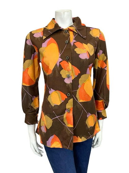 VTG 60S 70S MOD BROWN ORANGE LILAC POPPY FLORAL DAGGER COLLAR SHIRT 12