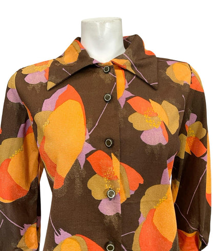 VTG 60S 70S MOD BROWN ORANGE LILAC POPPY FLORAL DAGGER COLLAR SHIRT 12