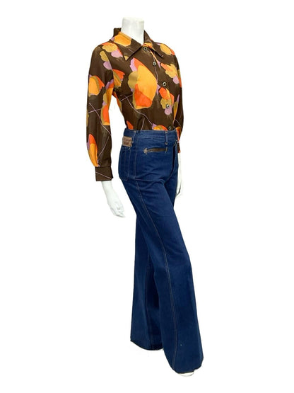 VTG 60S 70S MOD BROWN ORANGE LILAC POPPY FLORAL DAGGER COLLAR SHIRT 12