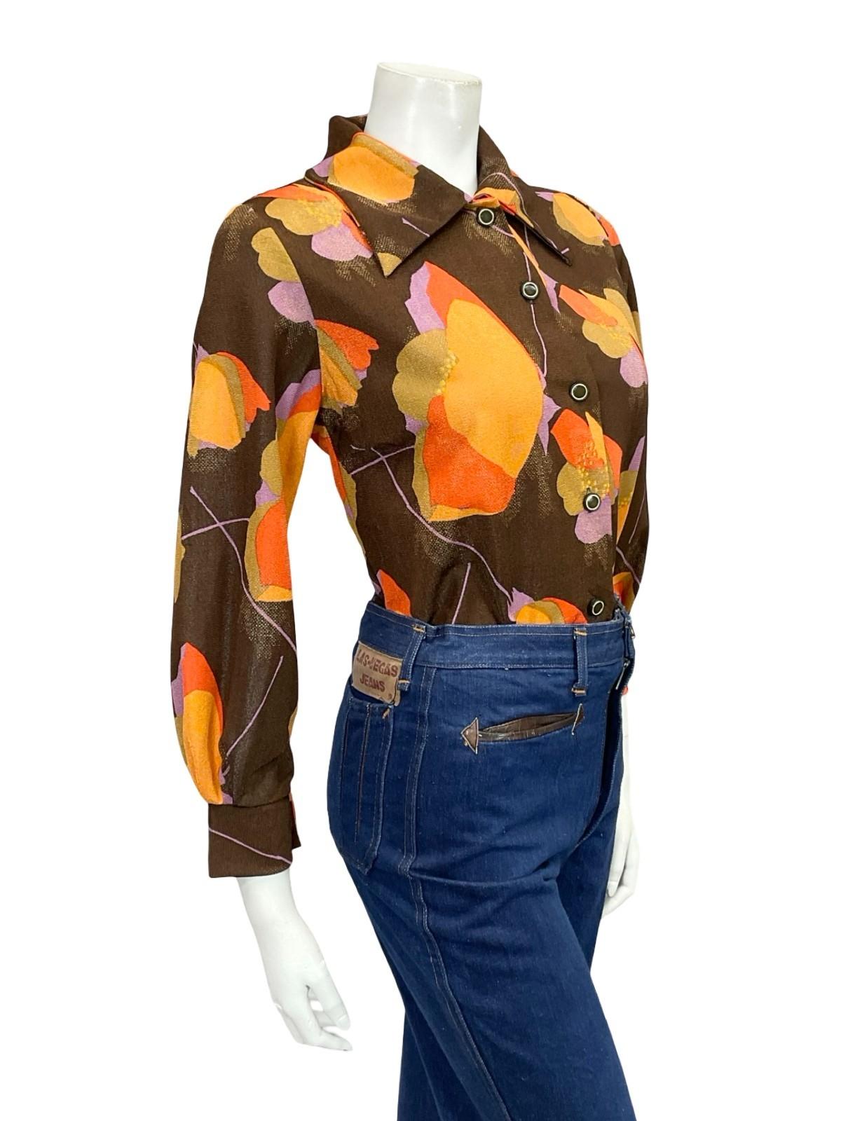 VTG 60S 70S MOD BROWN ORANGE LILAC POPPY FLORAL DAGGER COLLAR SHIRT 12