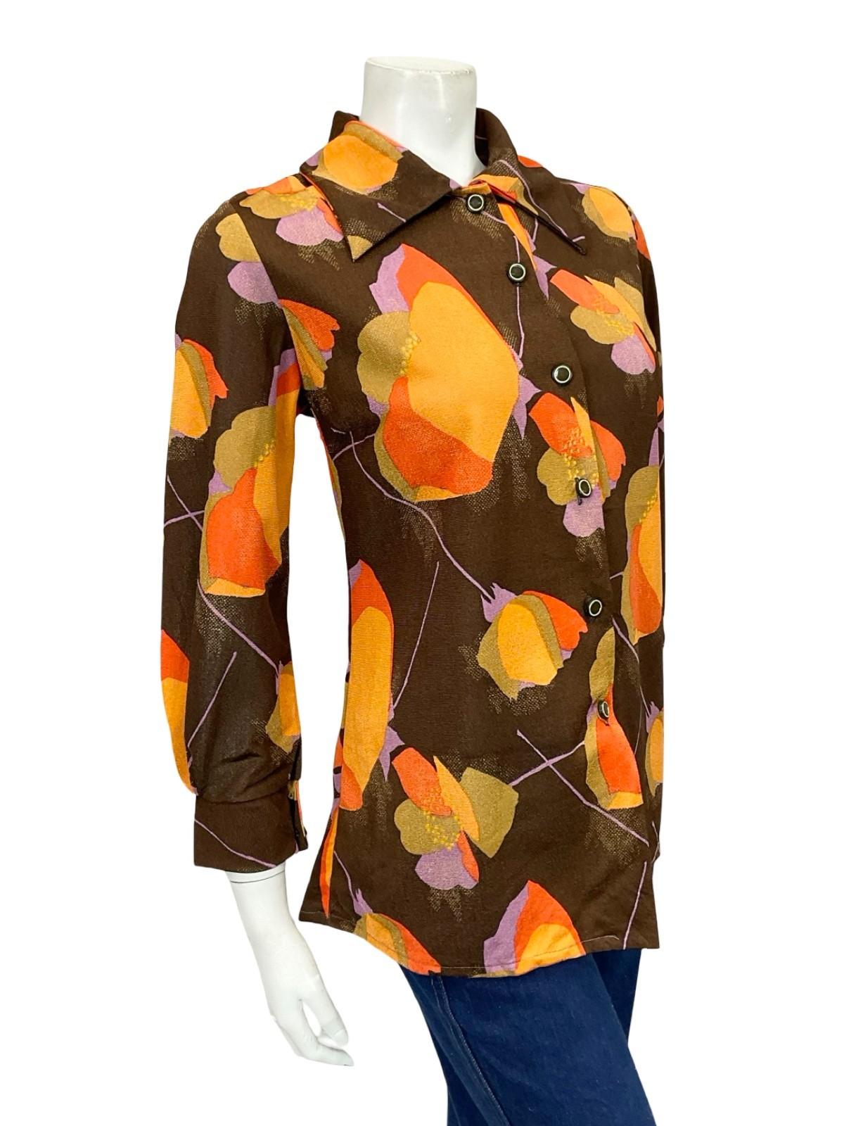 VTG 60S 70S MOD BROWN ORANGE LILAC POPPY FLORAL DAGGER COLLAR SHIRT 12