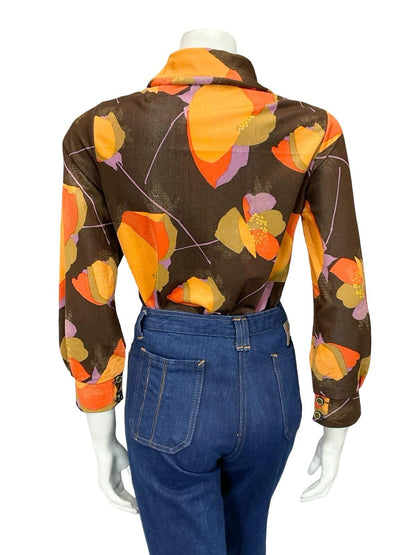 VTG 60S 70S MOD BROWN ORANGE LILAC POPPY FLORAL DAGGER COLLAR SHIRT 12