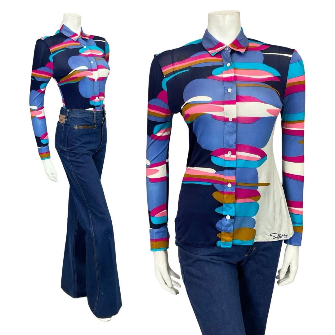 VTG 60S 70S SALTERIO BLUE PINK BROWN WHITE GEOMETRIC MOD SILK SHIRT 8