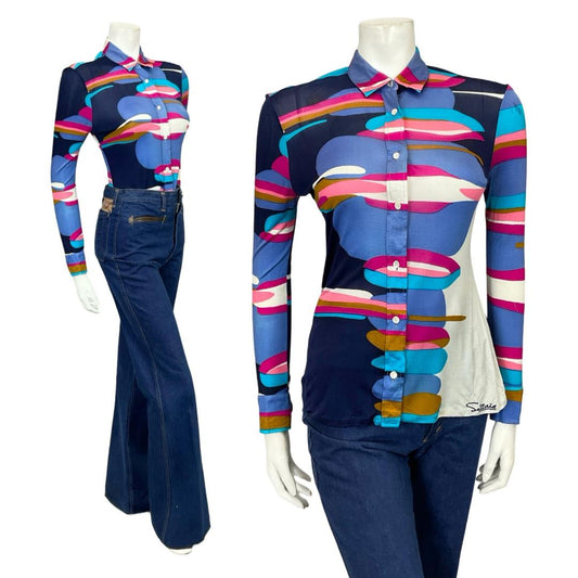 VTG 60S 70S SALTERIO BLUE PINK BROWN WHITE GEOMETRIC MOD SILK SHIRT 8