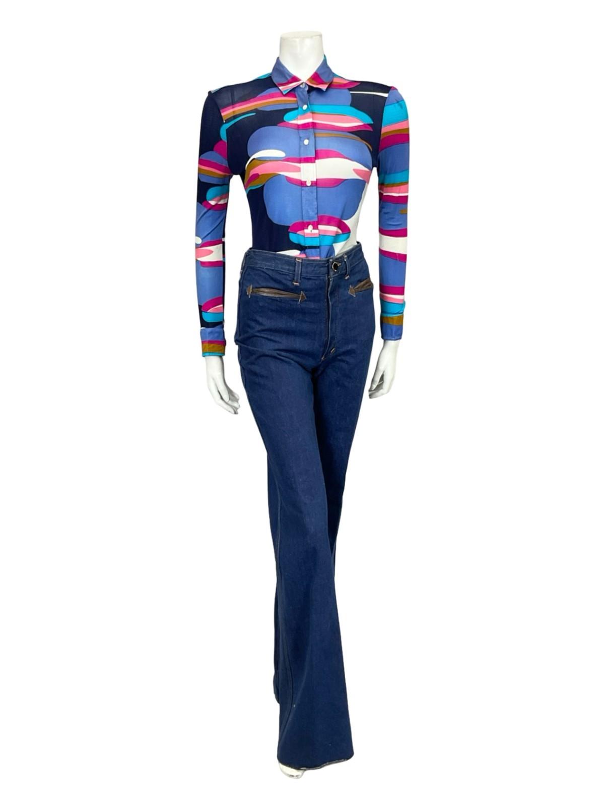 VTG 60S 70S SALTERIO BLUE PINK BROWN WHITE GEOMETRIC MOD SILK SHIRT 8