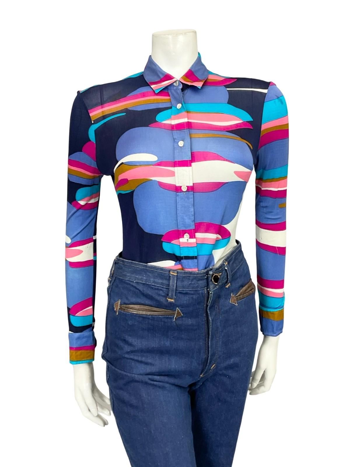 VTG 60S 70S SALTERIO BLUE PINK BROWN WHITE GEOMETRIC MOD SILK SHIRT 8