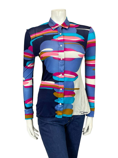VTG 60S 70S SALTERIO BLUE PINK BROWN WHITE GEOMETRIC MOD SILK SHIRT 8