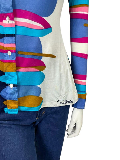 VTG 60S 70S SALTERIO BLUE PINK BROWN WHITE GEOMETRIC MOD SILK SHIRT 8
