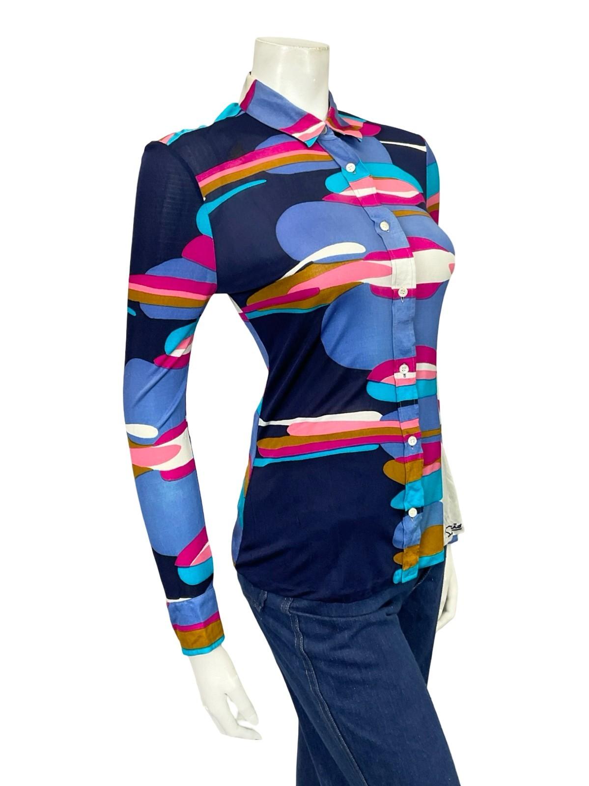 VTG 60S 70S SALTERIO BLUE PINK BROWN WHITE GEOMETRIC MOD SILK SHIRT 8
