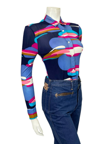 VTG 60S 70S SALTERIO BLUE PINK BROWN WHITE GEOMETRIC MOD SILK SHIRT 8