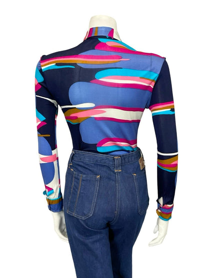 VTG 60S 70S SALTERIO BLUE PINK BROWN WHITE GEOMETRIC MOD SILK SHIRT 8