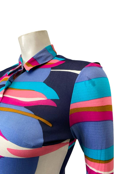 VTG 60S 70S SALTERIO BLUE PINK BROWN WHITE GEOMETRIC MOD SILK SHIRT 8