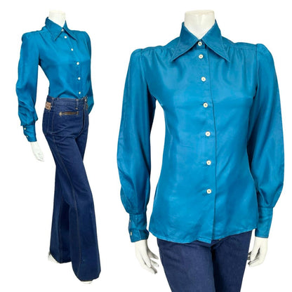 VTG 60S 70S MONOCHROME DEEP BLUE DAGGER COLLAR MOD SHIRT 14