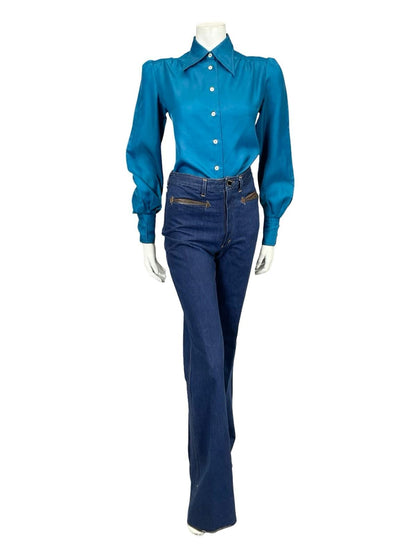 VTG 60S 70S MONOCHROME DEEP BLUE DAGGER COLLAR MOD SHIRT 14